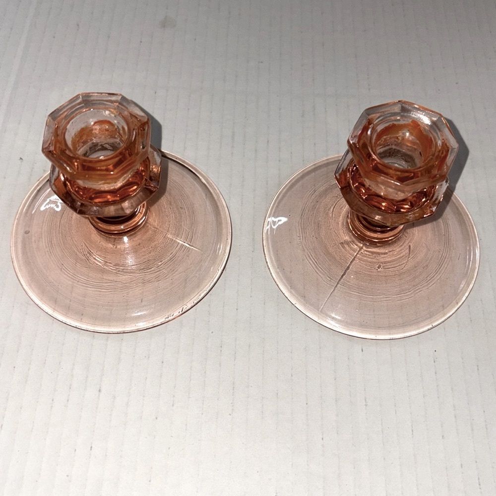 Antique Pair Pink Depression Glass Candlesticks